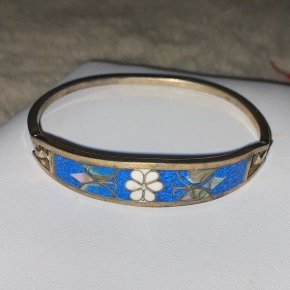 VTG Mexico Silver Floral Abalone Bangle Bracelet - Picture 3 of 5